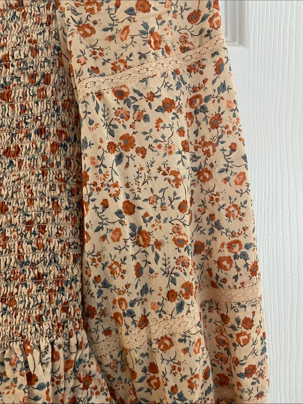 Reformation Floral Smocked Peasant Blouse in Soft Pink